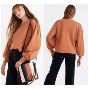 3 X 25 Madewell Rust Orange Chord Bubble Sleeve Top Round Neck Sweater Medium